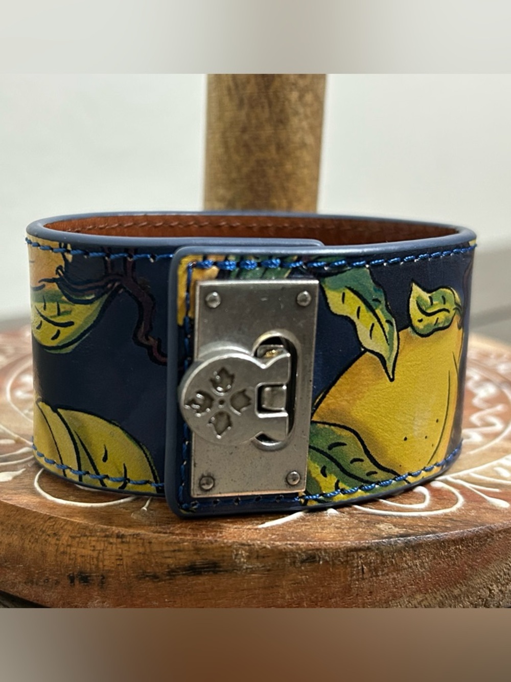 Patricia Nash Navy Leather Cuff Bracelet with Yellow Lemon Design